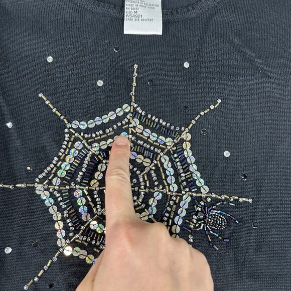 The Quacker Factory Sweater Tunic Top Womens Medium Spider Web Beaded Halloween - Picture 4 of 8